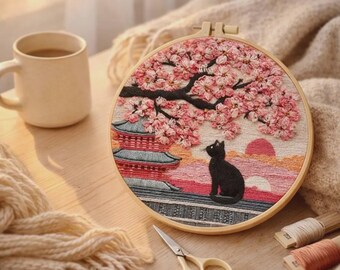 Cherry Blossom Black Cat Embroidery Kit – Japanese Sunset DIY Hoop Art