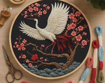 Elegant Crane Embroidery Kit – Cherry Blossom Floral Pattern, DIY Needlework Craft Set