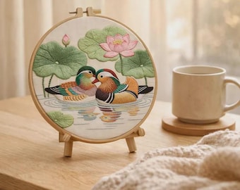 Mandarin Ducks Embroidery Kit, Lotus Flower Needlework, DIY Chinese Craft