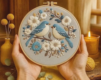 Blue Birds Embroidery Kit – Floral Needlepoint DIY Craft, Beginner Friendly