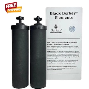 May include: Two black Berkey water filter elements with a white information card. The card reads "Black Berkey Elements" and "The Gold Standard in Gravity-Fed Water Filtration Systems". A "Free Shipping" sticker is in the upper left corner.