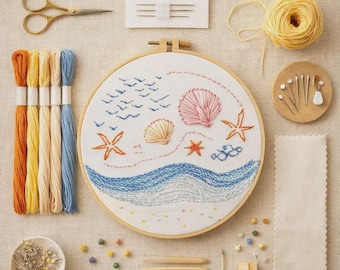 Coastal Embroidery Kit Seashell Ocean Waves Hand Embroidery Hoop Beginner Friendly