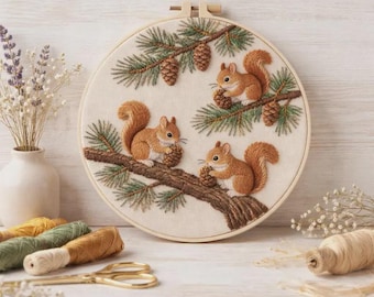 Woodland Squirrel Embroidery Kit – DIY Craft Pattern for Beginners