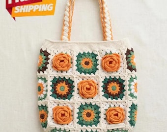 Crochet Bag Kit, Camellia Flower Granny Square, Cottagecore Crossbody Purse, Beginner Yarn Craft Set