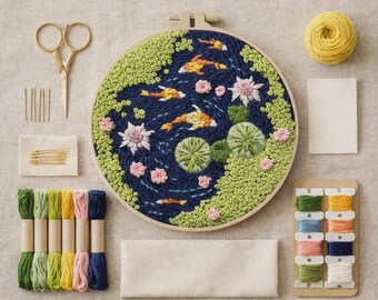 Koi Pond Embroidery Kit – Floral Water Garden, Beginner Needlework