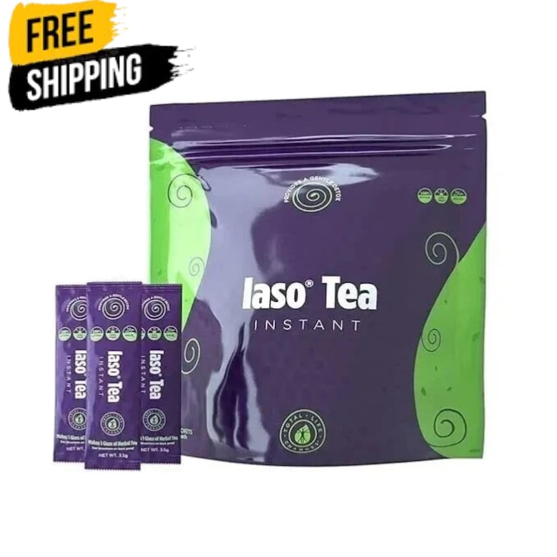 Pode incluir: Uma embalagem roxa e verde de "laso Tea Instant" com tr&ecirc;s saquetas individuais. A embalagem apresenta um design de redemoinho e as palavras "Total Life Changes". As palavras "Free Shipping" est&atilde;o num banner amarelo e preto.