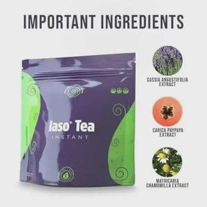 Pode incluir: Uma embalagem roxa e verde de "laso Tea INSTANT" com o texto "IMPORTANT INGREDIENTS" no topo. A imagem mostra tr&ecirc;s extratos de ingredientes: Cassia Angustifolia, Carica Paypaya e Matricaria Chamomilla.