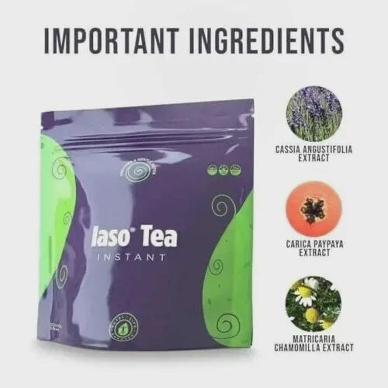 Pode incluir: Uma embalagem roxa e verde de "laso Tea INSTANT" com o texto "IMPORTANT INGREDIENTS" no topo. A imagem mostra tr&ecirc;s extratos de ingredientes: Cassia Angustifolia, Carica Paypaya e Matricaria Chamomilla.