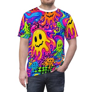 Camiseta rave fantasma psicodélica / Camiseta festivalera de viaje ácido neón / Ropa EDM con estampado psicodélico / Camiseta raver unisex colorida