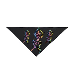 May include: A black triangular pet bandana featuring a repeating graphic print of a cat with a rainbow-colored outline. The cat wears a collar with a heart charm and looks up at a rainbow-colored water drop icon containing a lightning bolt symbol.