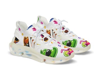 Colorful Heart & Emoji Pattern Men's Mesh Sneakers | Vibrant Poop and cocktails