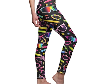 Neon rave, legging met festivalpatroon, retro feestprint