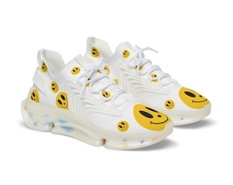 Men's Smiley Face Mesh Sneakers White Athletic Shoes with Yellow Emoji Print