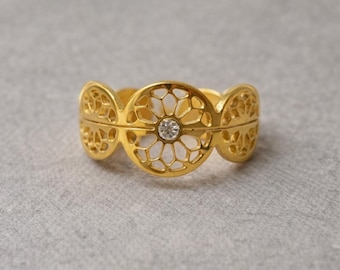 Anello floreale delicato in acciaio inossidabile [oro/argento], anello da donna boho regolabile, pietra di zircone cubico, impermeabile e resistente all'ossidazione, regalo per lei