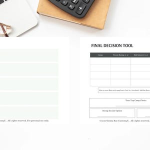 May include: A workspace setup with a laptop, glasses, and documents. One document is titled "Camp Deep Dive" and the other is a "Final Decision Tool". A calculator sits on a small brown notebook.