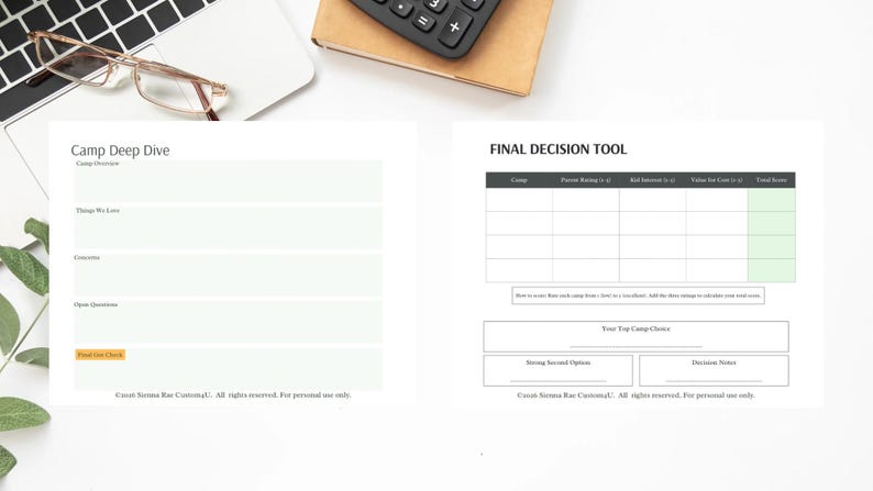 May include: A workspace setup with a laptop, glasses, and documents. One document is titled "Camp Deep Dive" and the other is a "Final Decision Tool". A calculator sits on a small brown notebook.