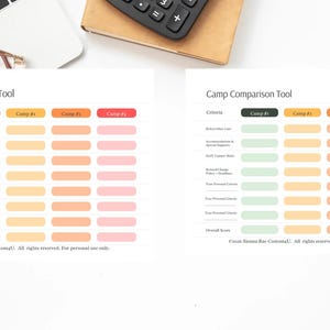 May include: Two white sheets of paper with a "Camp Comparison Tool" chart. The chart has colored columns and rows with criteria and camp names. A laptop, glasses, calculator, and plant are in the background.