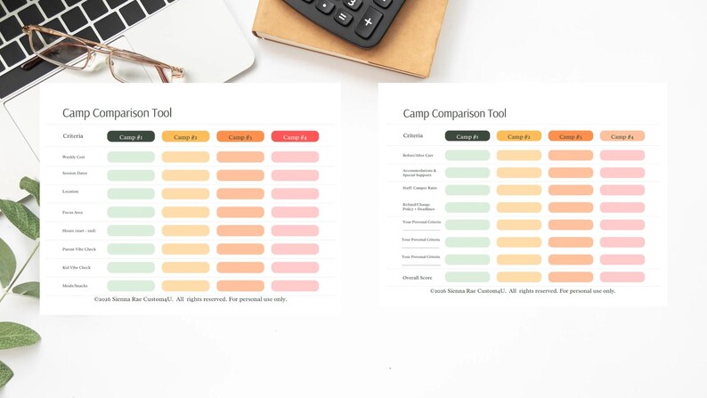 May include: Two white sheets of paper with a "Camp Comparison Tool" chart. The chart has colored columns and rows with criteria and camp names. A laptop, glasses, calculator, and plant are in the background.