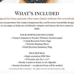 May include: A white background with text detailing a Camp Comparison Kit. The kit includes a tracker, research notes, a priority ranking sheet, and a final decision summary page. The file details include high-resolution PDF files in US Letter size.