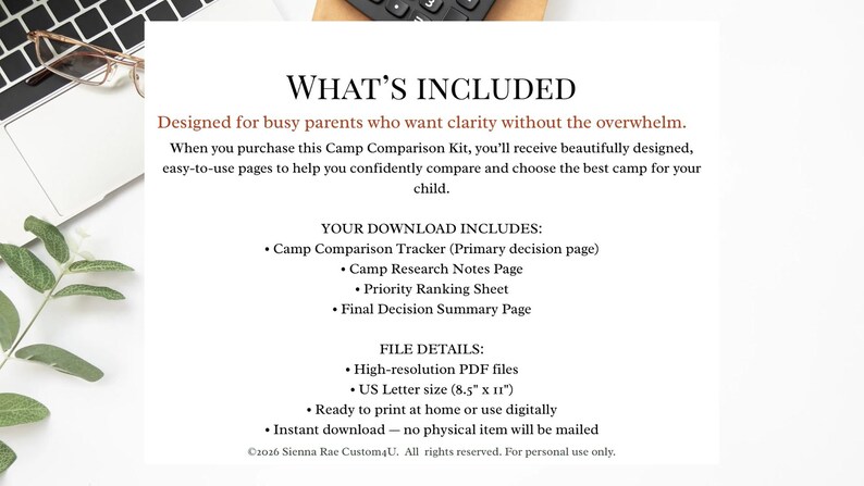 May include: A white background with text detailing a Camp Comparison Kit. The kit includes a tracker, research notes, a priority ranking sheet, and a final decision summary page. The file details include high-resolution PDF files in US Letter size.