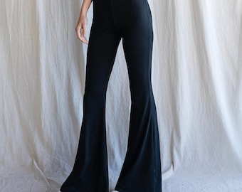 Black Bell Bottoms: Women's High Waisted Stretch Knit Flare Pants