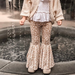 NEW Keep Me Cozy Taupe Floral Flared Pant, Retro Bell Bottoms, Knit Bells, Girls Bell Bottoms, Toddler Boho Bell Bottoms, Flares image 2