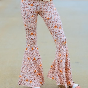Girls' Floral Bell Bottoms: Khaki Brown Rust Flared Pants for Fall Fashion