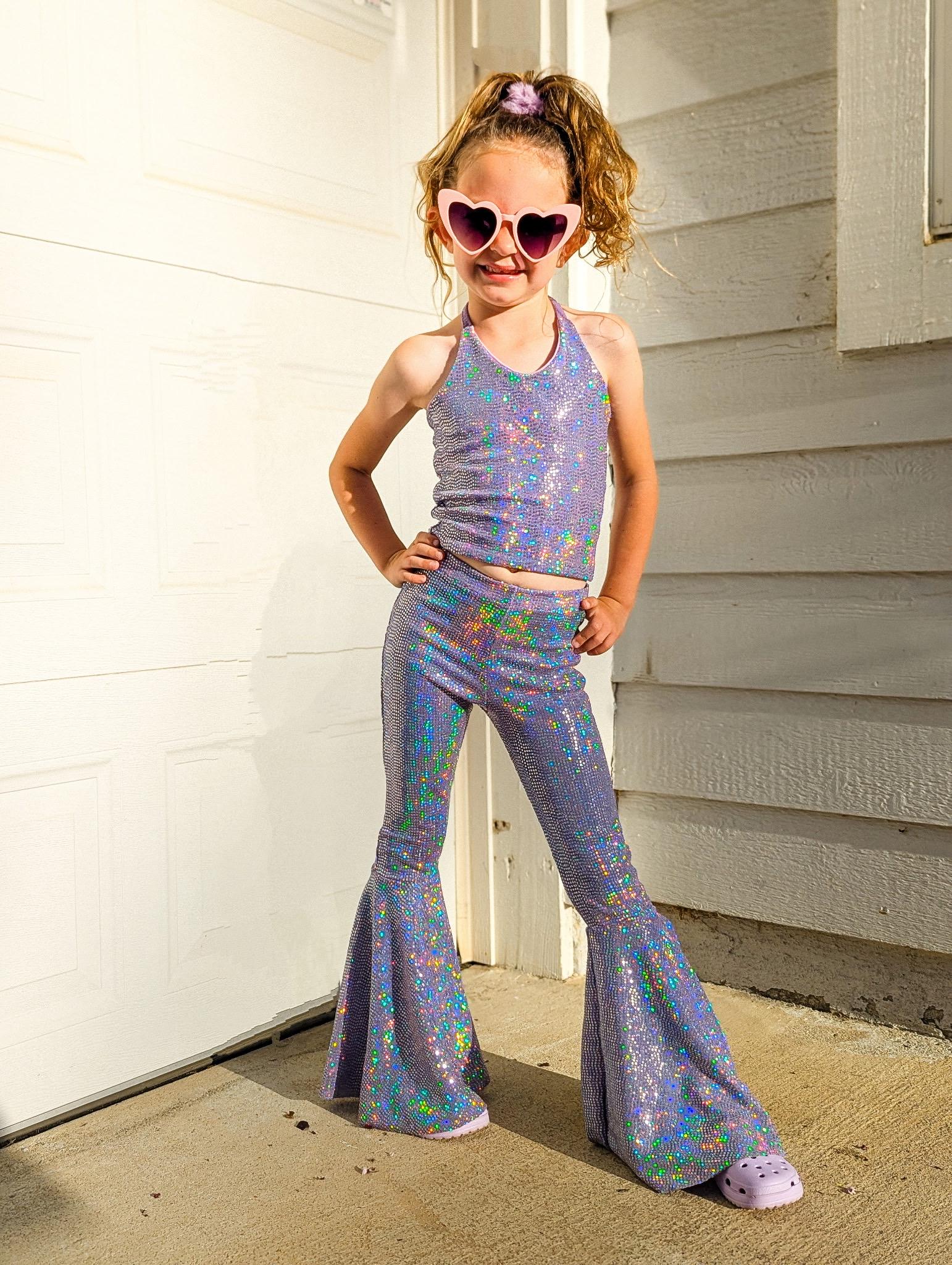 Lavender Sparkly Bell Bottoms: Retro Shimmer Knit Pants and Halter