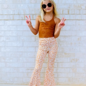 Mustard Floral Bell Bottoms, Knit Bells, Girls Bell Bottoms, Toddler Bell Bottom Pants, Boho Bell Bottoms, Retro Pant, Groovy Pants,