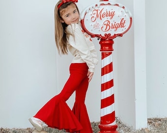 Red Knit Bell Bottoms: Girls Retro Flare Pants