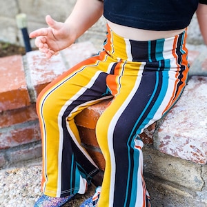 Teal Orange Mustard Stripe Bell Bottoms, Knit Bells, Girls Bell Bottoms, Toddler Bell Bottom Pants, Boho Bell Bottom Stripes
