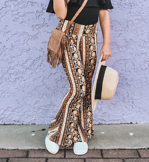 Boho Stripes Bell Bottoms, Mustard Knit Bells, Girls Orange Bell