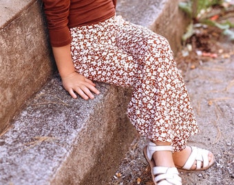 Rust Brown Boho Floral Bell Bottoms, Knit Bells, Girls Bell Bottoms, Toddler Bell Bottom Pants, Boho Bell Bottoms, Retro Pant