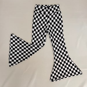Black and White CheckeredPant, Retro Bell Bottoms, Knit Bells, Girls Bell Bottoms, Toddler Bell Bottom Pants, Checkered Bell Bottoms,