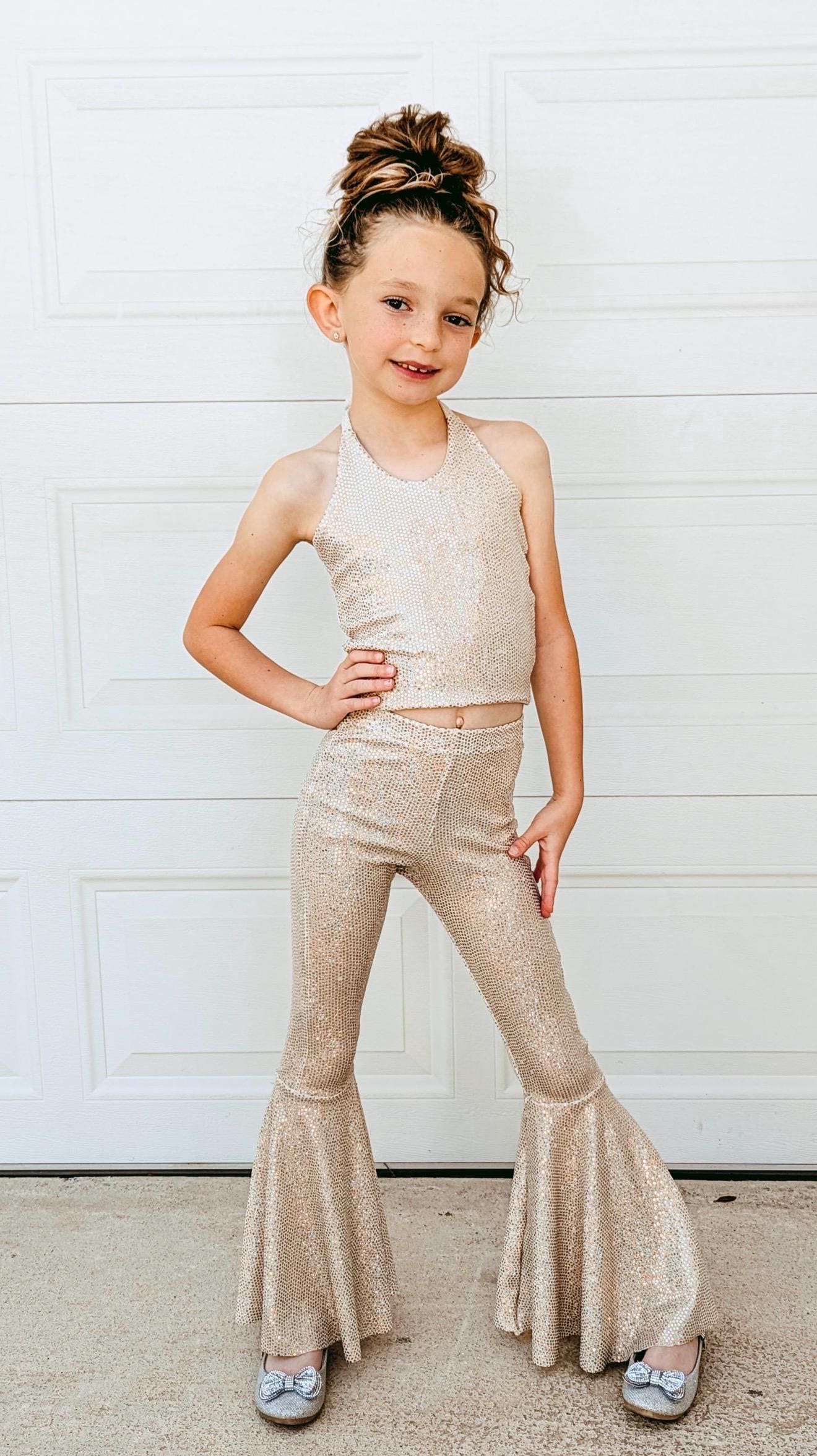 White Gold Sparkly Bell Bottoms: Retro Shimmer Knit Pants and Halter Set