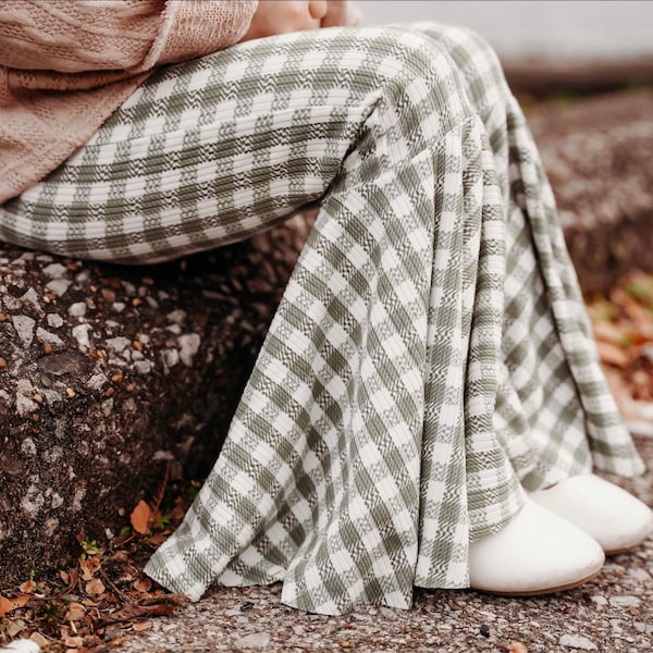 Sage Green Gingham Flared Pant, Retro Bell Bottoms, Gingham Print, Girls Pants, Toddler Bell Bottoms, Flares, Green Gingham Bells