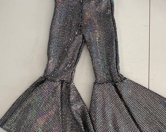 Sparkly Silver Black Hologram Bell Bottoms - 80s Retro Style