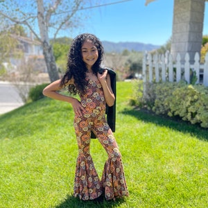 RESTOCKED!! 70s Retro Bell Bottom Jumpsuit, Flared Pants, Retro Bell Bottoms, Tank Top Jumpsuit, Brown Rust Floral Print, 70s 80s fashion