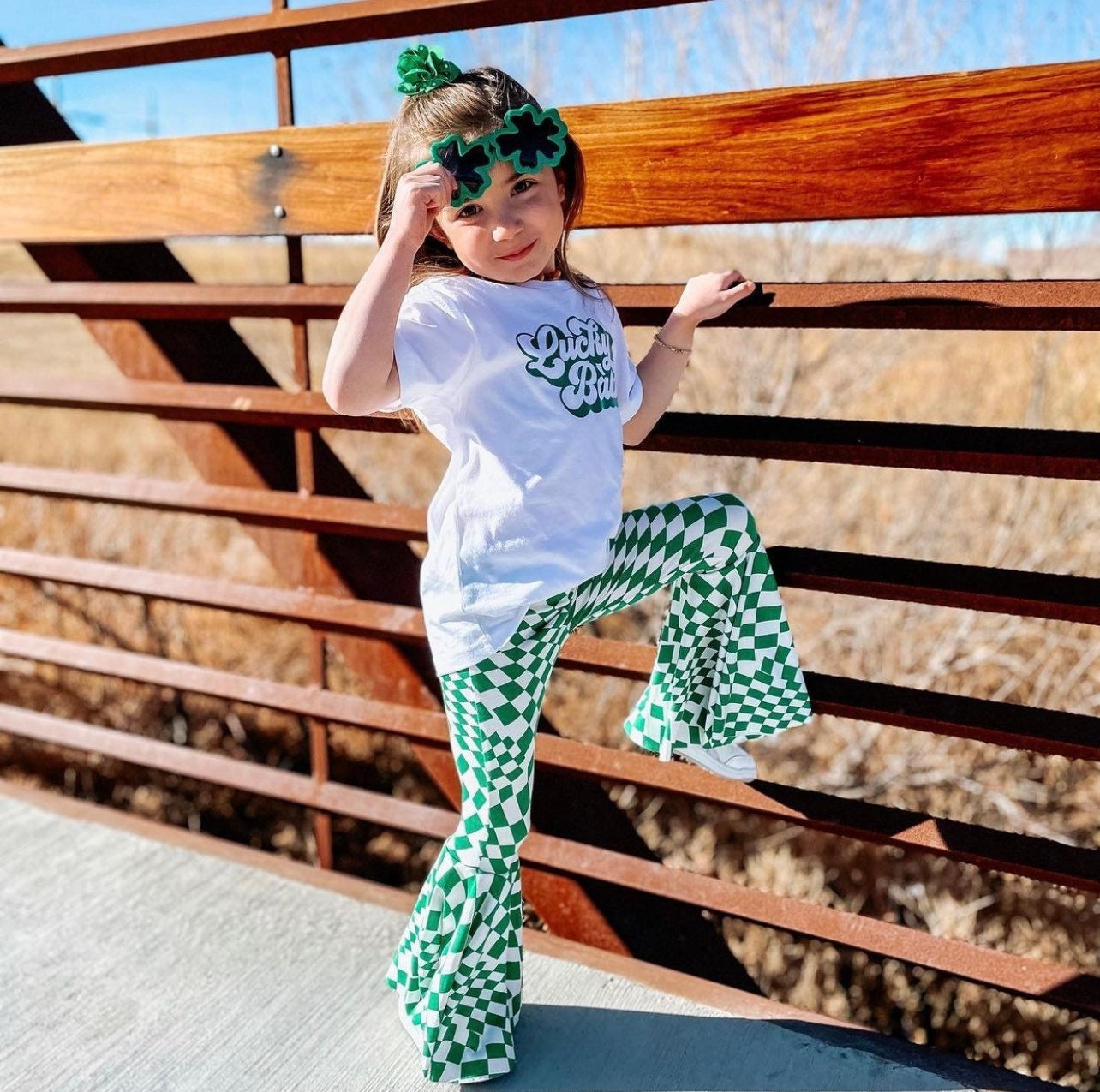 Green Checkered Bell Bottoms: Knit Flare Pants with Daisies