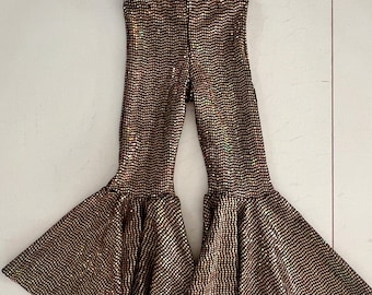 Gold Hologram Sparkly Bell Bottoms: Retro 80s Tween Pants