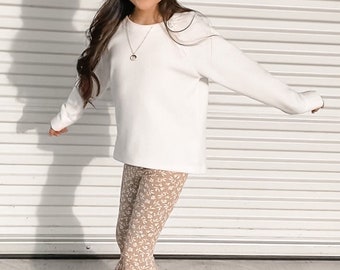 Taupe Floral Knit Bell Bottoms: Girl Flared Pants