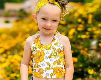 NEW! Yellow Poppy Halter top, girls crop top, crop halter top, retro fashion, summer top, crop top, halter top, girls fashion top