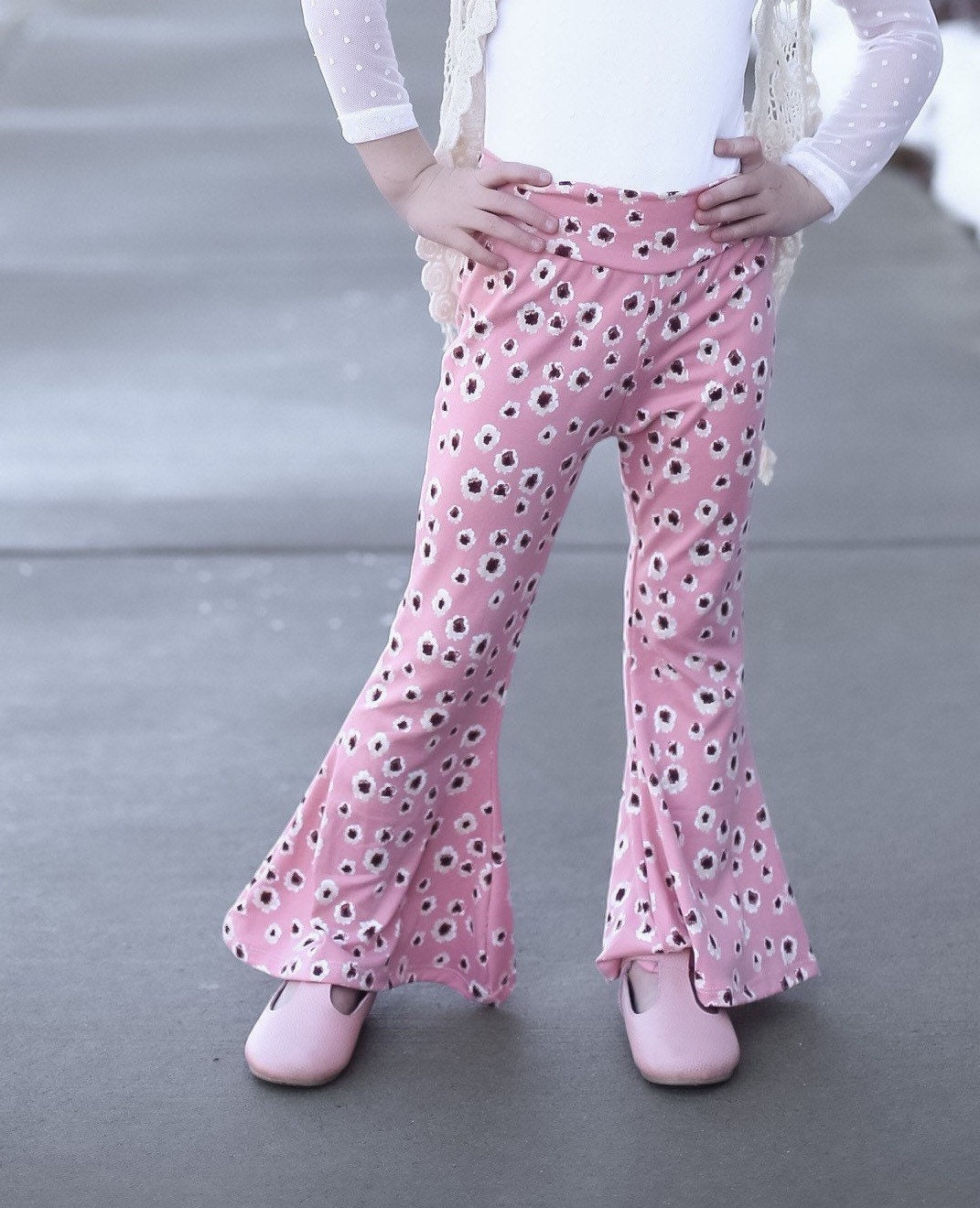 Pink Ditsy Floral Spring Bell Bottoms, Knit Bells, Girls Bell