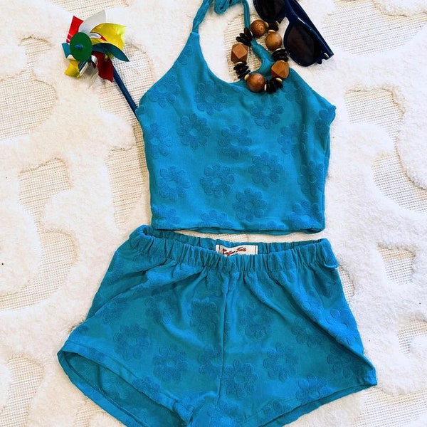 New! Girls Sky Blue Flower Power Halter and Breezy Shorts Set, French Terry Print halter crop top, Breezy Shorts, toddler set