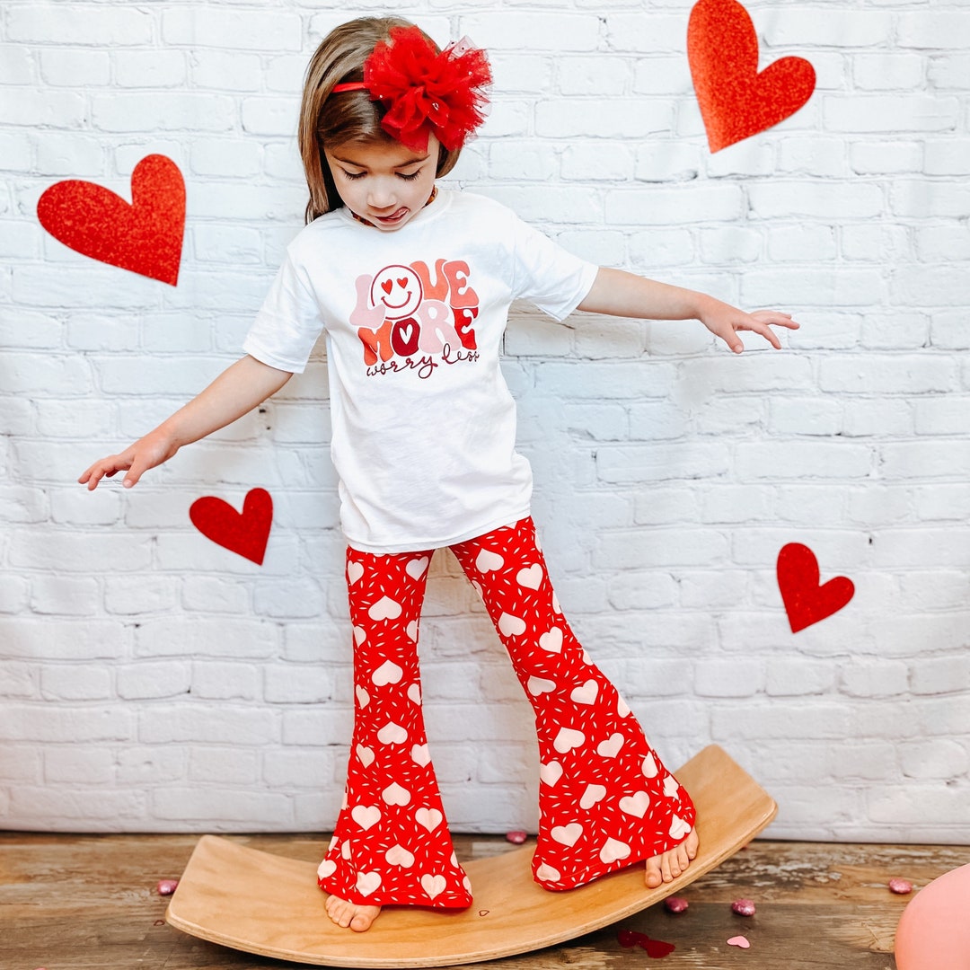 Red Bell Bottoms With White Hearts, Flared Pants, Knit Bells, Girls