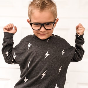 NEW BOYS Charcoal Lightning Bolt Set, Long Sleeve Set, matching long sleeve top and shorts, toddler bolt set, boys clothing set image 1