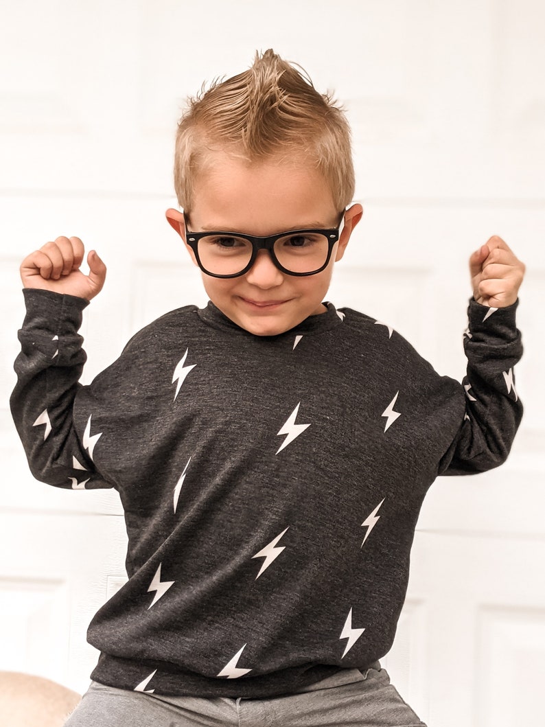 NEW BOYS Charcoal Lightning Bolt Set, Long Sleeve Set, matching long sleeve top and shorts, toddler bolt set, boys clothing set image 1