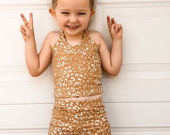 Girls leopard Halter and Biker Shorts Set, Camel Color Halter set, halter crop top, Biker Shorts, toddler set, girls clothing sets