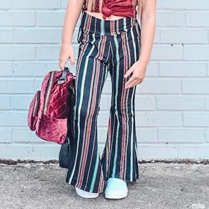 Black Blue Berry Striped Bell Bottoms, Knit Bells, Girls Bell Bottoms, Toddler Bell Bottom Pants, Boho Bell Bottoms, Black Bells