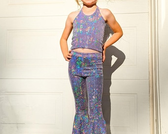 Lavender Sparkly Bell Bottoms: Retro Shimmer Knit Pants and Halter Set